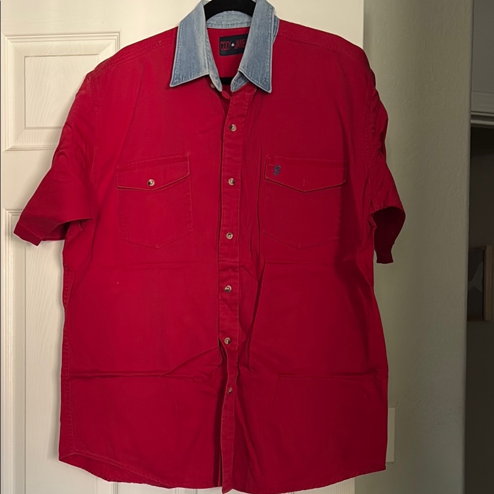 Cody James Men’s Western Shirt XL Red with Denim Collar